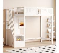 Lit Mezzanine en Bois Massif 90 x 200 cm, échelle de Sécurité Latérale Interchangeable à Gauche et à Droite, Blanc, sans Matelas