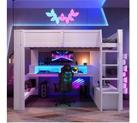 Lit mezzanine en bois140*200 cm avec éclairage LED et bureau,lit enfant double avec tiroir et étagères,lit gaming,sans