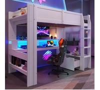 Lit mezzanine en bois90*200cm avec éclairage LED,bureau et sommier,lit enfant avec tiroir et étagères,lit gaming,sans matelas,blanc
