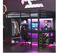 Lit mezzanine en métal 140x200 cm Lit gamers Lit ado lit adultes,avec LED,bureau,armoire ouverte et compartiments de rangement,Noir