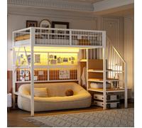 Lit mezzanine en métal 90 x 200 cm, adapté aux enfants et adolescents, avec bande lumineuse LED et escalier de rangement, blanc