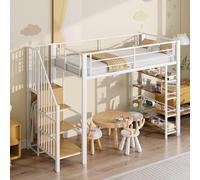 Lit mezzanine en métal, 90 x 200 cm, avec armoire et compartiments de rangement ouverts, lit en fer, fonctionnel, lit simple, avec escalier, pour enfants ou adolescents, blanc