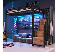 Lit Mezzanine en Métal avec Armoire et LED, Gain de Place, Noir, 90x200 cm