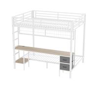 Lit mezzanine en métal avec bureau intégré, 2 tiroirs de rangement, étagères latérales, grille suspendue, échelle solide,LED multicolores à 7 variations avec télécommande,port USB (Blanc,140x200cm)