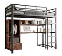 Lit mezzanine en métal avec bureau intégré,étagères de rangement ouvertes,armoire penderie,tiroirs pratiques,échelle sécurisée,LED multicolores 16 modes,deux options d’installation (Noir,90x200cm)
