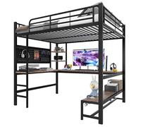 Lit mezzanine en métal avec bureau intégré, étagères multifonctionnelles et panneau perforé,échelle sécurisée et garde-corps,prise USB+Type-C,éclairage LED à intensité réglable (Noir,140x200cm)