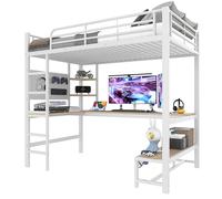 Lit mezzanine en métal avec bureau intégré, étagères multifonctionnelles et panneau perforé,échelle sécurisée et garde-corps,prise USB+Type-C,éclairage LED à intensité réglable (Blanc,90x200cm)
