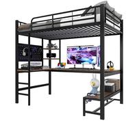 Lit mezzanine en métal avec bureau intégré, étagères multifonctionnelles et panneau perforé,échelle sécurisée et garde-corps,prise USB+Type-C,éclairage LED à intensité réglable (Noir,90x200cm)