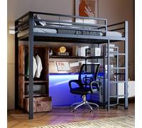 Lit mezzanine en métal avec lumières LED, 90 x 200 cm, bureau, 1 tiroir, étagères, rail de sécurité, échelle, certifié, matelas non inclus, noir