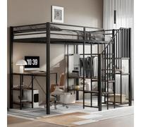 Lit mezzanine en métal, lits superposés, armoire d'angle avec rangement, avec table et étagère de rangement, avec armoire ouverte, idéal pour les enfants et les adolescents, fer + MDF, 120 x 200 cm