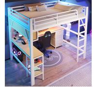 Lit mezzanine en métal pour gaming 140 x 200 cm avec bibliothèque, bureau, armoire, port USB et éclairage LED, blanc