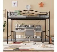 Lit Mezzanine en Métal Robuste, Lit Superposé Double avec Espace de Travail en Dessous, Garde-Corps de Sécurité et Échelle Intégrée, Sans Sommier Nécessaire, Assemblage Facile, Silencieux pour Petit