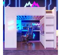 Lit Mezzanine en Pin avec Bureau, Gaming et LED, Blanc, 140x200 cm
