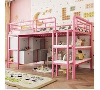 Lit Mezzanine Enfant 1 Place 90x200 Rose Fille avec Rangement, Lit Mi Hauteur Métal avec Étagères, Tiroirs, Large Escalier pour Ado