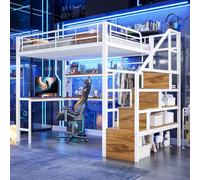 Lit Mezzanine Enfant 140 x 200 cm avec éclairage LED et Armoire,Bureau et 2 Tiroirs, Lit Superposé Enfant avec étagère et Escalier de Rangement, pour Enfants et Adolescents, sans matelas (Blanc-56K)