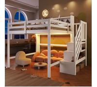 Lit mezzanine enfant 140x200 cm avec éclairage LED, escalier de rangement, étagères, garde-corps - pin et MDF - blanc