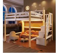 Lit mezzanine enfant 140x200 cm avec éclairage LED, escalier de rangement, étagères, garde-corps - pin et MDF - blanc et naturel
