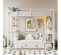 Lit mezzanine enfant 140x200 cm en métal - lit double avec table avec cintres simples avec compartiments de rangement - blanc