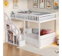 Lit Mezzanine Enfant 140x200 cm, Lit Enfant Multifonctionnel avec Escalier de Rangement et Clôture de Sécurité, Lits Superposé pour Garçons et Filles, Bois Massif, Blanc (Sans Matelas) (140x200 cm)