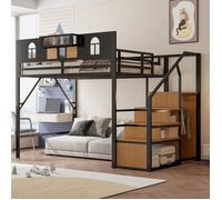 Lit mezzanine enfant 140x200 cm Lit loft Lit adulte cabane en métal avec escalier de rangement étagère barrières fenêtre - noir
