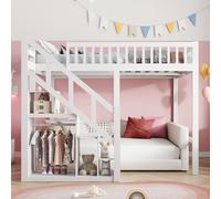 Lit Mezzanine Enfant 140x200 cm, Lit Mezzanine 1 Places avec Rangement lit Hauteur Enfant Multifonctionnel Lits Enfant Mezzanine avec Escaliers et Casiers Protection Anti-Chute (Style 5-2, blanc)