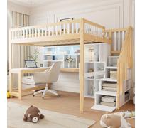 Lit mezzanine enfant 140x200cm avec LED,lit superposé enfant avec échelle de rangement,lit mezzanine 1 place avec bureau lit enfant avec rangement,étagères lit double enfant,superposé 2 places,Naturel