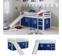 Lit mezzanine enfant 90×200 cm avec toboggan pin blanc rideau bleu Homestyle4u