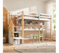 Lit mezzanine enfant 90×200 cm bureau, escalier de rangement et bibliothèque - BEAUNIV - sans matelas, blanc chêne