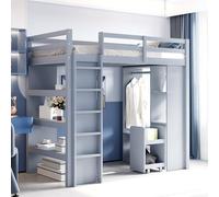 Lit mezzanine enfant 90 x 200 cm, avec étagères à plusieurs niveaux, penderie simple et compartiments de rangement, avec 1 chariot de rangement amovible, grand espace de rangement, lit simple, gris