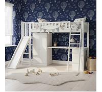 Lit Mezzanine Enfant 90x200 avec Toboggan, Bureau et Armoire - Bois Massif Blanc - Lit Combiné Multifonction avec Échelle