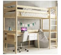 Lit Mezzanine Enfant 90x200 cm avec Échelle Réversible - Bois Massif Pin Naturel, Barrière Sécurité & Sommier Inclus (Sans Matelas)