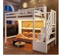 Lit mezzanine enfant 90x200 cm avec éclairage LED, escalier de rangement, étagères, garde-corps - pin et MDF - blanc