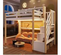 Lit mezzanine enfant 90x200 cm avec éclairage LED, escalier de rangement, étagères, garde-corps - pin et MDF - blanc et naturel