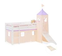 Lit mezzanine enfant 90x200 cm Blanc avec rideau Beige Lilas | Toboggan | Tour | avec sommier
