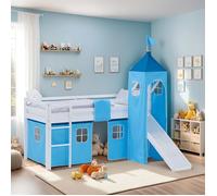 Lit mezzanine enfant 90x200 cm Blanc avec rideau Bleu | Toboggan | Tour | avec sommier