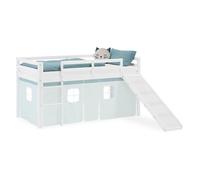 Homestyle4u Arikel 2932 Lit mezzanine, superposé, pour enfant, 90 x 200 cm, avec toboggan, blanc en pin massif avec rideau vert menthe