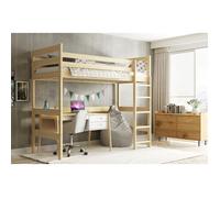 Lit Mezzanine Enfant 90x200 cm Bois Massif, Barrière de Sécurité, Echelle, Sommier,1 Place (Sans Matelas et Bureau) Pin Naturel