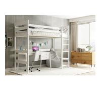 Interbeds Lit Mezzanine Enfant 90x200 cm - Bois Massif de Pin Naturel, Barrière de Sécurité, Echelle Sommier Inclus,1 Place, sans Matelas et Bureau (Blanc)