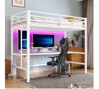 Lit mezzanine enfant 90x200 cm - Éclairage LED contrôlé par appli - Prises USB/Type-C - Table d'apprentissage - Blanc moderne