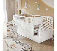 Lit Mezzanine enfant 90x200 cm,Lit Combiné avec Bureau, Armoire et Escalier de Rangement,Sécurité ,Sans Matelas,Pin + MDF,Blanc