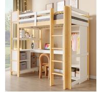 Lit Mezzanine Enfant 90x200 cm, Lit Combiné avec Bureau d'Angle, Penderie, Étagères et Sommier à Lattes - Bois Naturel et Blanc