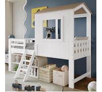 Lit mezzanine enfant 90x200 cm Lit mi-hauteur Lit cabane en bois Forme maison avec toit fenêtre et sommier à lattes Blanc + Naturel