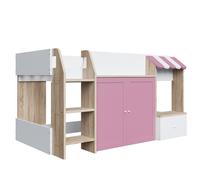 Lit Mezzanine enfant 90x200 mi-hauteur avec rangement ouvert & échelle - Superposé bois massif couleur blanc rose - Sans matelas