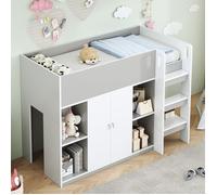 Lit mezzanine enfant 90x200cm avec bureau et tiroirs, lit mi-haut avec espace rangement intégré et armoire et sommier à lattes,gris