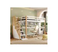 Lit mezzanine enfant 90x200cm avec escalier de rangement,Lits superposés bois massif MDF avec grand bureau et étagères,blanc