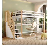 Lit mezzanine enfant 90x200cm avec escalier de rangement,Lits superposés bois massif MDF avec grand bureau et étagères,blanc