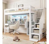 Lit mezzanine enfant 90x200cm avec LED,lit superposé enfant avec échelle de rangement,lit mezzanine 1 place avec bureau lit enfant avec rangement,étagères lit double enfant,superposé 2 places,Blanc