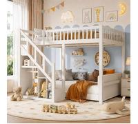 Lit mezzanine enfant 90x200cm avec Sommier - Escalier de rangement - Lit superposés - Barrière de sécurité - Armoire - Pin - Blanc