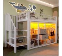 Lit Mezzanine Enfant 90x200cm,Lit mi Hauteur avec Armoire Ouverte,2 Tiroirs + Plusieurs Compartiments Rangement,éclairage LED,Blanc