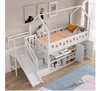 Lit Mezzanine Enfant avec Escalier, Lit Cabane Mi Hauteur 90x200 avec Toboggan,Tiroirs, Armoire et Portes Magnétiques, Bois, Blanc